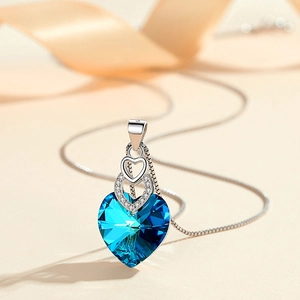 S925 sterling silver heart of the ocean necklace with blue Austrian crystal and box chain