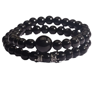 Set di braccialetti in perline di ossidiana da uomo con ciondoli a corona in metallo