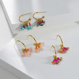 French Niche Hoop Earrings With Stainless Steel Natural Crushed Stone And Beads Bohemian Vintage Dangle Earring For Women