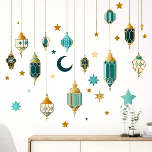 Vintage Middle Eastern style turquoise and gold lantern wall decals with stars and moons