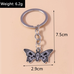 Gothic butterfly skeleton keychain details with 7.5cm height and 6.2g weight measurements
