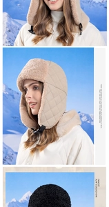 Close-up of quilted beige winter hat featuring thick faux fur lining and buckle strap