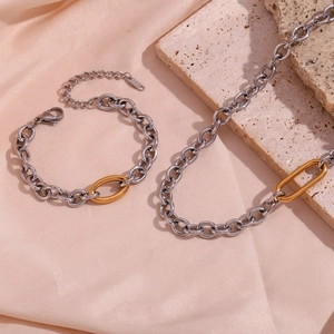 Macro detail of 18K gold plated clasp and O-chain link necklace and bracelet set