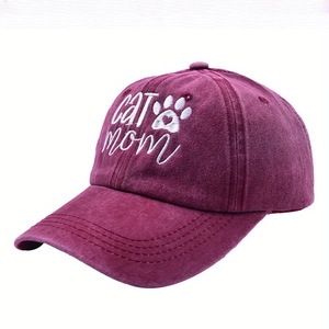 Unisex burgundy washed cotton baseball cap featuring white CAT MOM embroidery and cat paw