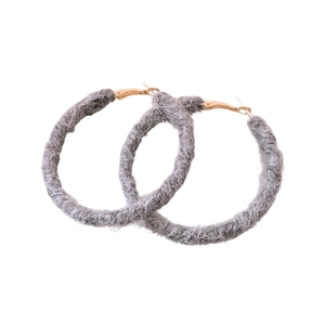 Grey fuzzy wool knit hoop earrings with elegant gold-tone metal fastening for women