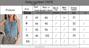 Size chart for women's lace-up denim vest showing detailed measurements in centimeters