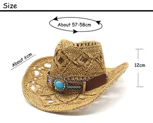 Cowboy straw hat size chart showing 57-58cm head circumference and 8cm brim width