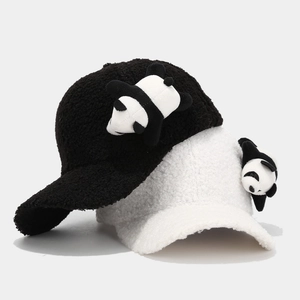 Cute panda sherpa baseball caps in black and white fleece for winter warmth
