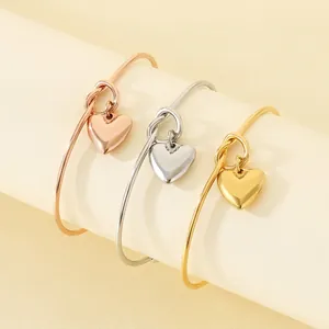 Bracelet Jonc Ouvert Noeud Pendentif Coeur Acier Inoxydable Poli Miroir Plaqué Or Pour Femme Bijoux Mode Cadeau
