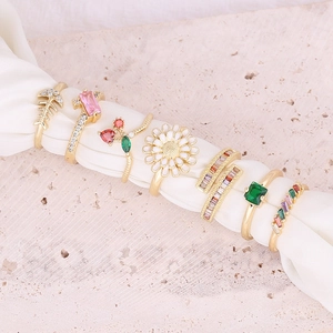 Adjustable Open Ring Copper Zircon Inlaid Daisy Cherry Fish Bone Geometric Square Stone Fashion Jewelry For Women