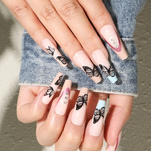 Butterfly Press On Nails Long Coffin False Nails Rhinestone Glossy Blue Pink French Tip Manicure For Women