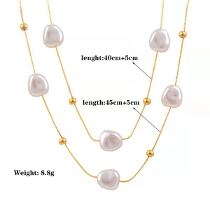 Collier double épaisseur en acier inoxydable avec perles baroques pour femme