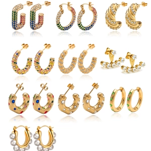 Vintage stainless steel earrings collection with gold finish and zircon inlays