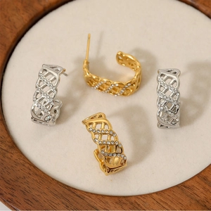 Stainless Steel C Shaped Stud Earrings Hollow Mesh Geometric Rhinestone Luxury Retro Fashion Jewelry For Women