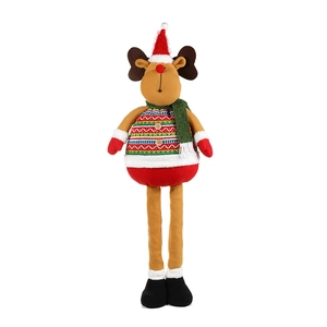 Large Christmas reindeer plush doll with long legs and knitted red striped sweater