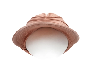 Detail of salmon pink breathable sun hat with pleated knit fabric texture and wide brim