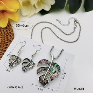 Detailed dimensions of monstera leaf jewelry set with abalone shell inlays