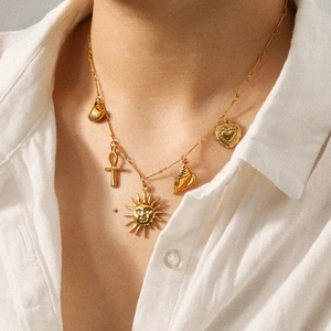 Stainless Steel Necklace 18K Gold Plated Multi Charm Sun Heart Conch Ankh Cross Pendant Boho Jewelry For Women