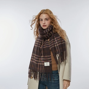 Brown plaid scarf with fringe and colorful stripes worn by a model in a beige coat