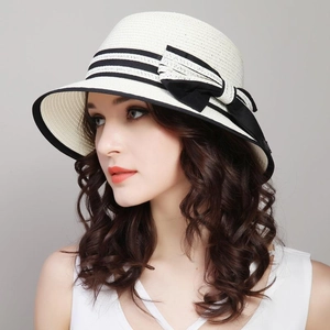 Women Straw Sun Hat Wide Brim Beach Hat With Bowknot Foldable UV Protection Summer Vacation Travel Elegant
