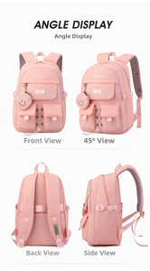 Pink waterproof nylon school backpack with heart pendant and multi-angle display views