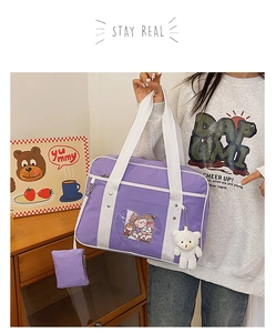Purple canvas JK itabag with clear heart window, bear pendant and small coin purse