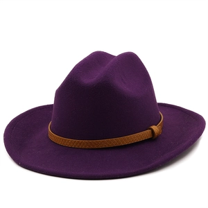 Detail of purple wool fedora hat with a brown braided band on a clean white background