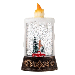 Christmas LED snow globe candle with vintage base and miniature tree inside
