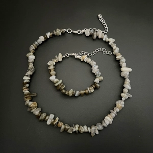 Detail view of irregular labradorite natural stone necklace and bracelet jewelry set