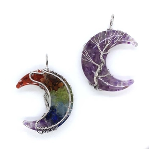 Natural crystal crescent moon life tree wire wrapped pendant necklace with healing stones