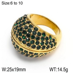 Detailed view of gold cocktail ring with green stones showing 25x19mm size and weight
