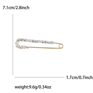 Elegant gold safety pin brooch with white rhinestones and size dimensions 7.1cm x 1.7cm