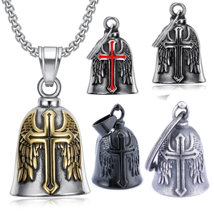 Guardian Bell Pendant Necklace Stainless Steel Wings Cross Relief Retro Biker Motorcycle Protective Jewelry For Men
