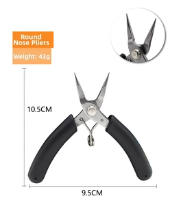 Detail view of mini round nose pliers for jewelry DIY with size and weight dimensions