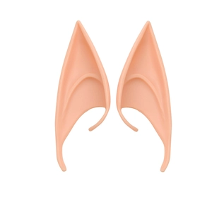 Macro detail of flesh-toned silicone elf ears for cosplay on a clean white background