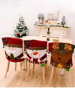 Detailed plush Christmas chair covers featuring Santa, Snowman, and Reindeer in festive scenes