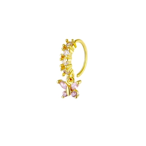 Anneau de nez doré avec pendentif papillon serti de zircons roses et blancs brillants