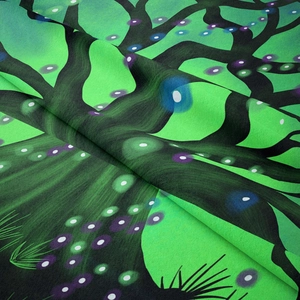 Detailed view of the green tree of life tapestry with vibrant artistic digital printing