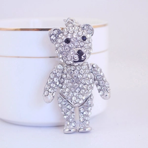 Sparkling crystal teddy bear keychain with silver metal and rhinestone accents
