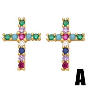 Golden cross earrings with vibrant multi-colored zircons on a white background