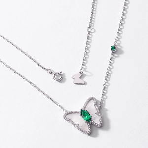 S925 silver butterfly necklace with emerald green stone and white shell inlay