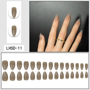 Glossy almond press-on nails in coffee brown with full kit including 24 nail tips