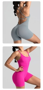 Close-up of the criss-cross back straps and seamless contour design on the yoga romper
