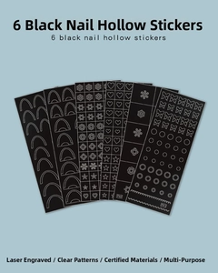 Detailed set of 6 black nail art stencils featuring hearts, stars, and butterflies