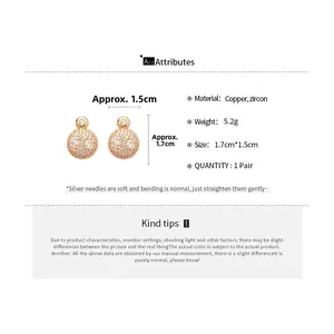 Detail showing dimensions of gold-plated silver needle earrings with cubic zirconia
