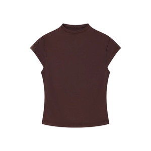 Close-up of deep brown slim-fit high-neck sleeveless tank top with high-stretch fabric