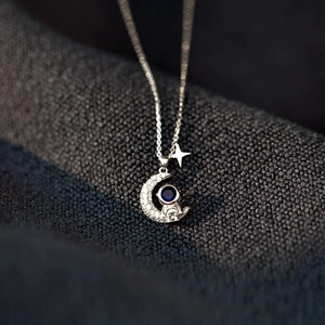 925 Sterling Silver Astronaut Moon Star Pendant Necklace For Women Exquisite Blue Rhinestone Inlaid Clavicle Chain Jewelry