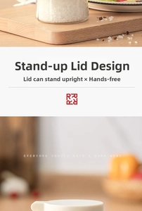 Detail of white airtight seasoning jar with a stand-up lid design on a wooden board