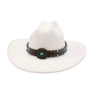Detail of white wool cowboy hat featuring a leather band with turquoise beads and metal buckle