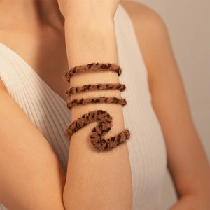Retro leopard print faux fur spiral arm cuff bracelet for women with fuzzy texture